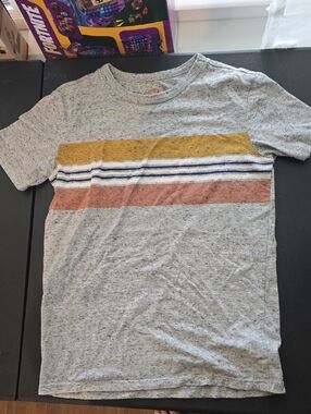 Cat & Jack Gray Heather Short Sleeve Tee with Yellow, Blue & Rust Stripes